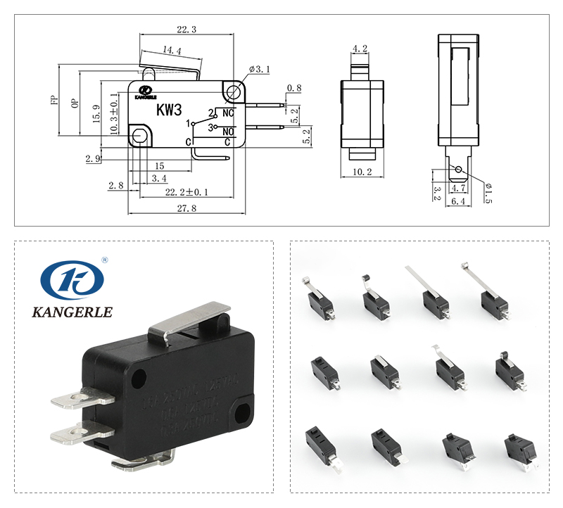 家电专用3脚微动开关带柄KW3-6A-1C插图