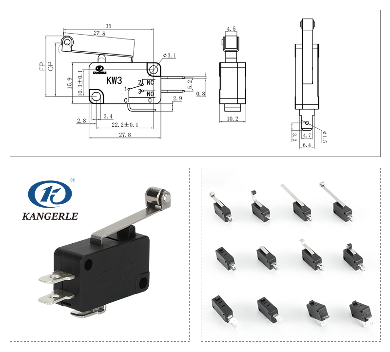 常开常闭3脚按钮开关带金属滚轮KW3-6A-6C插图