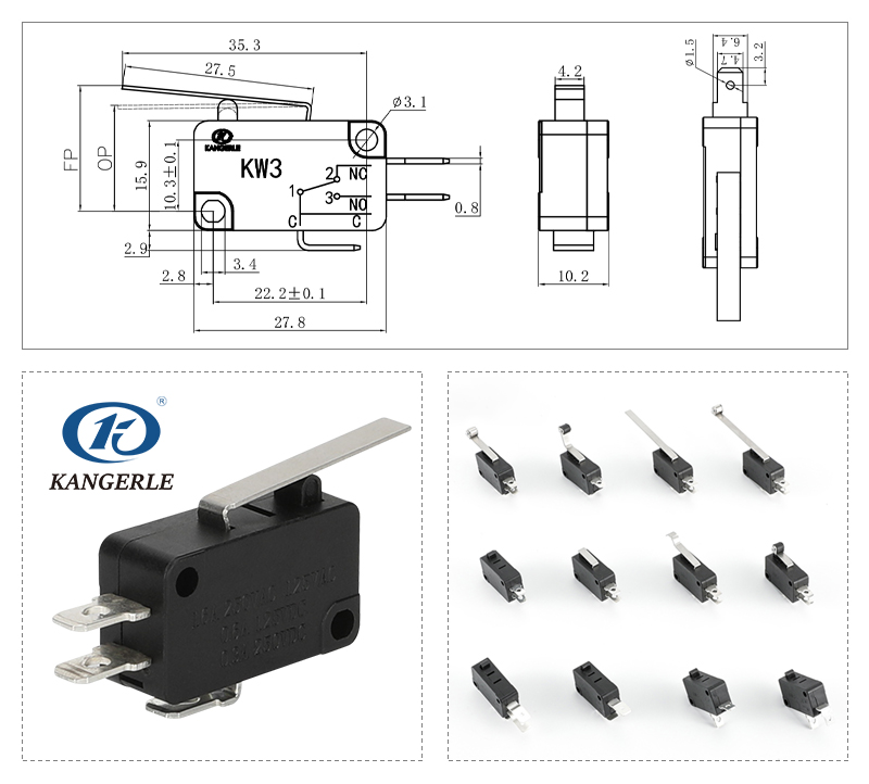 大电流双投型直柄微动开关KW3-6A-2C插图